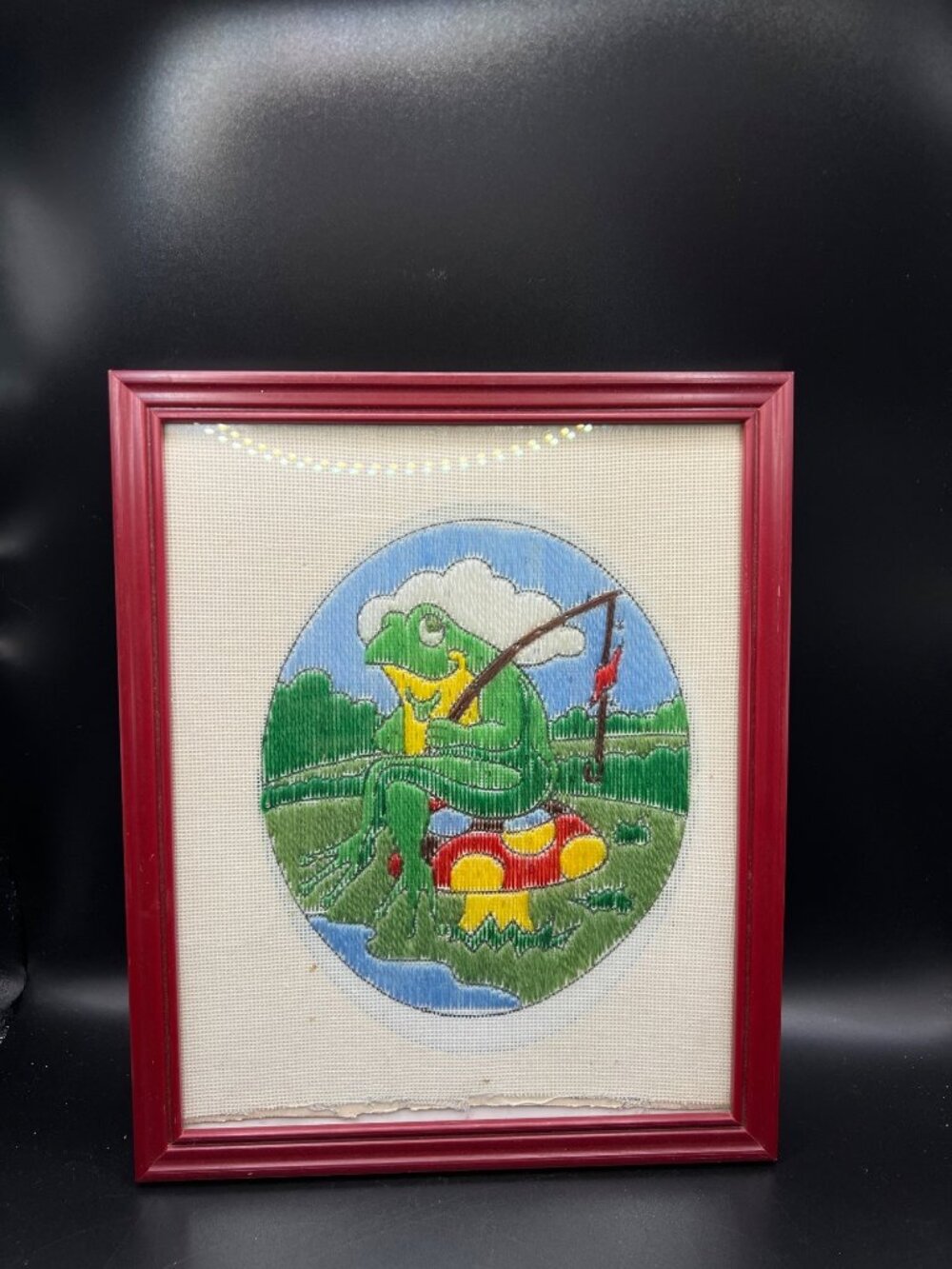 Vintage Frog Embroidery Wall Art IRed Frame Whimsical Fishing Scene Boho cottage